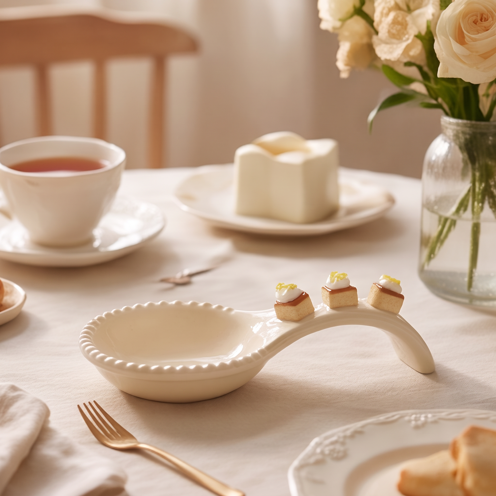 Cream ceramic spoon rest with miniature lemon cake decorations and product title text