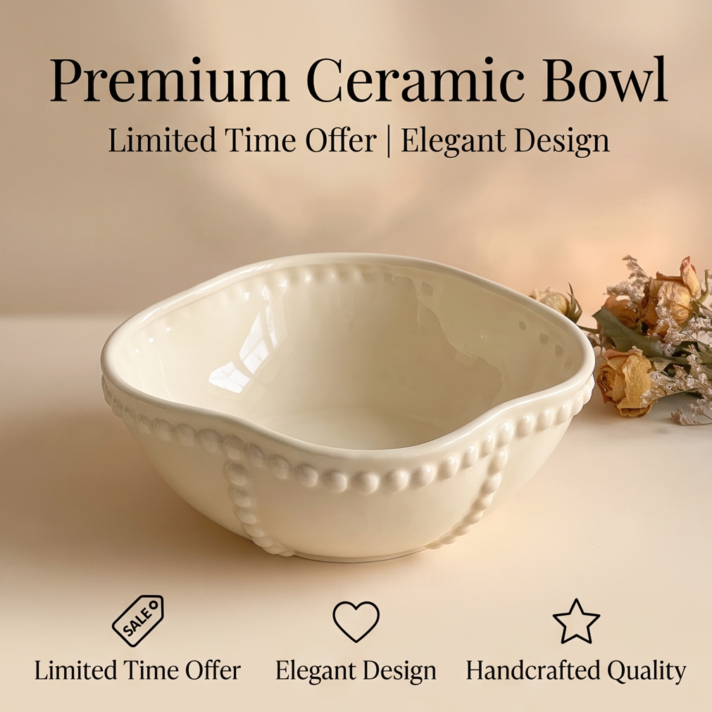 Ivory beaded ceramic bowl styled at a candlelit table with flowers