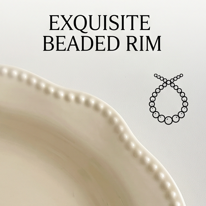 SERVICE ivory oval ceramic serving platter with softly contoured shape and beaded rim on white background