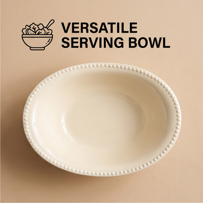 Top view of empty ivory serving bowl with asymmetric curved beaded rim