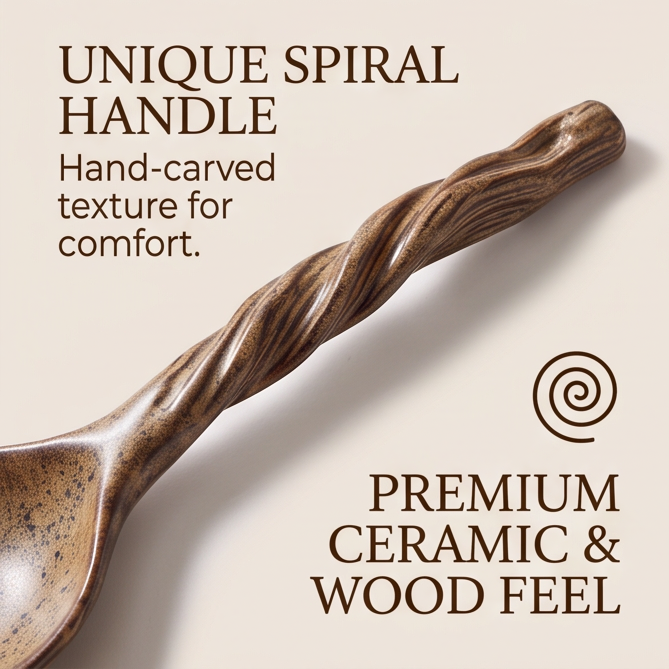 Close-up of the ceramic spoon's sculpted spiral handle and speckled bowl