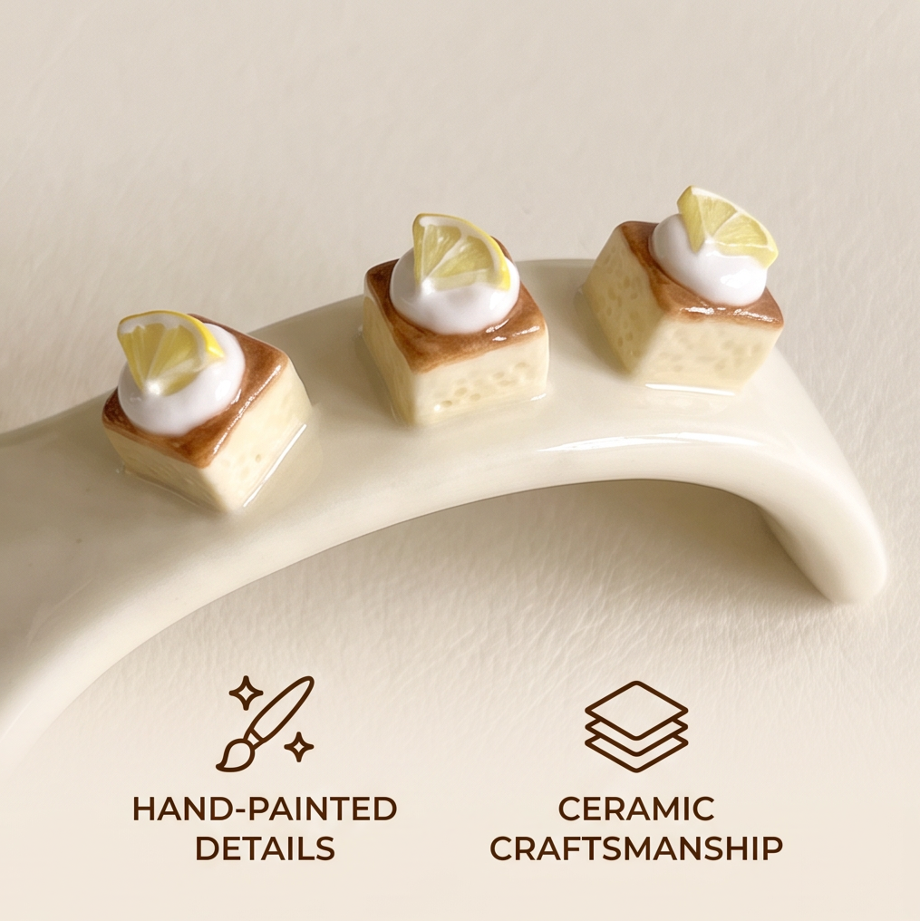 Cream ceramic lemon cake spoon rest photographed on pale background with product title
