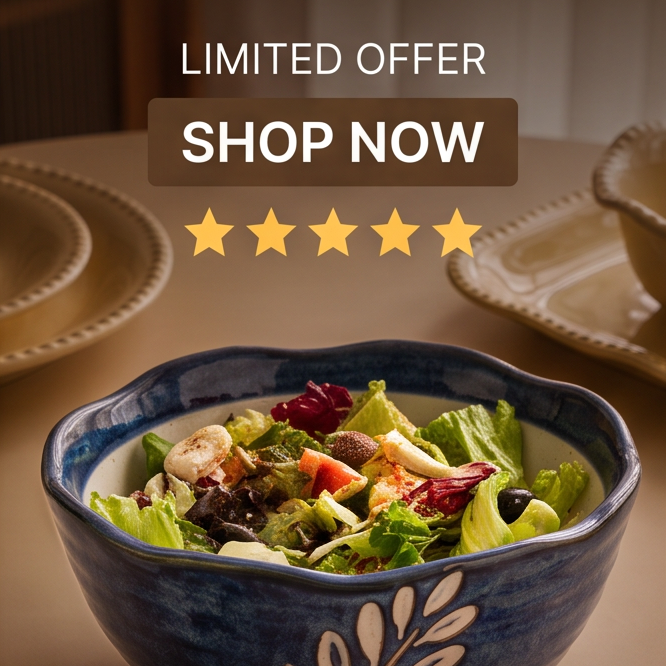 Blue leaf ceramic bowl holding a colorful salad