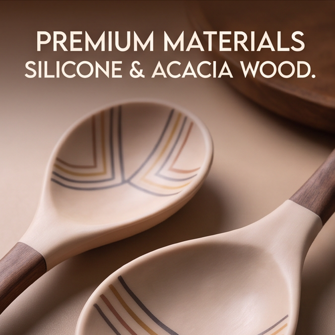 Two serving spoons with silicone bowls and acacia wood handles