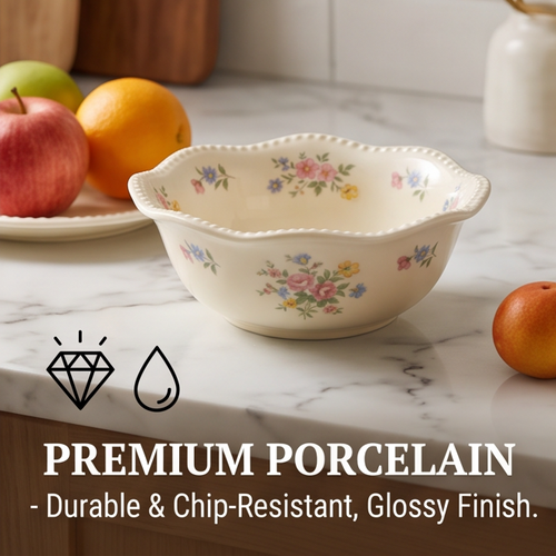 Floral porcelain bowl on kitchen counter with premium porcelain and chip-resistant promotional text