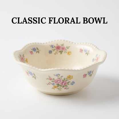Close-up of pink blue and yellow flowers inside ivory bowl and raised beaded rim