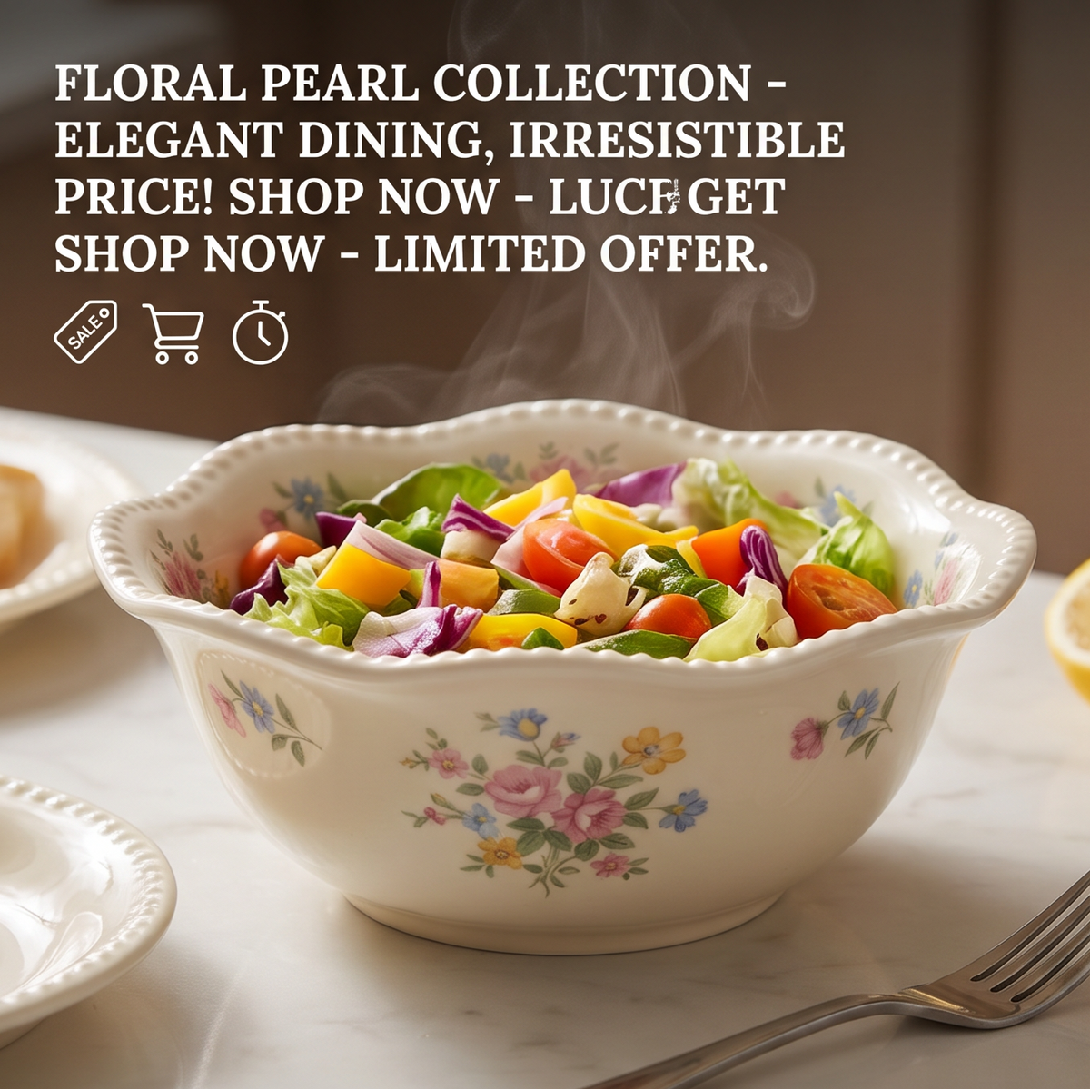 Floral pearl edge porcelain bowl holding colorful salad at dining table