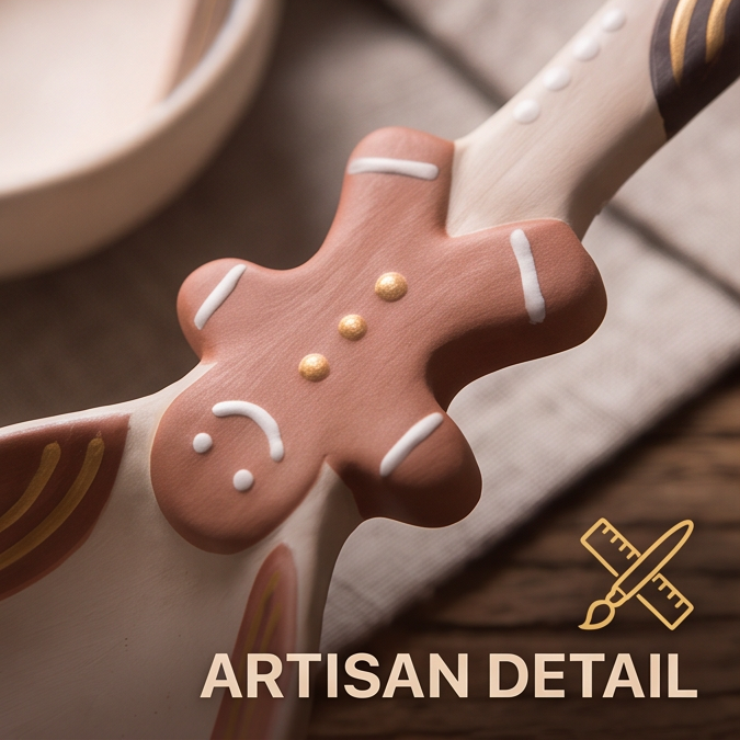 Close-up of cream ceramic spoon bowl with gold-toned painted dots