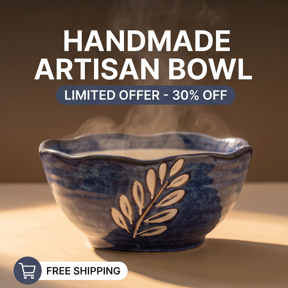 Close-up of cream leaf motif being painted on blue ceramic bowl