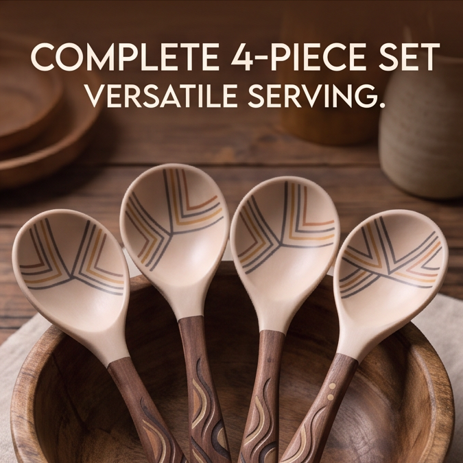 Close-up of carved-style wave pattern and dot details on dark spoon handles