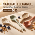 Cream, sage and terracotta ceramic spoons showing sculpted handles on linen