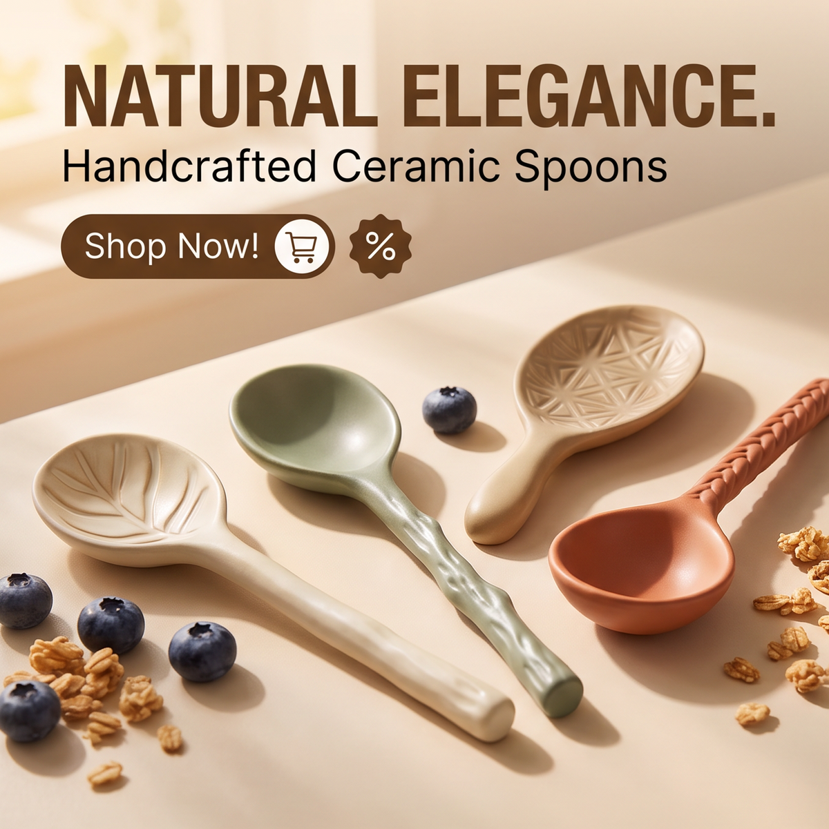 Cream, sage and terracotta ceramic spoons showing sculpted handles on linen