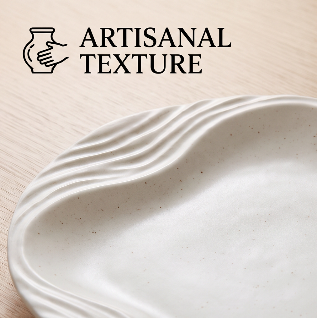 Close-up of the plate’s raised flowing rim and artisanal texture