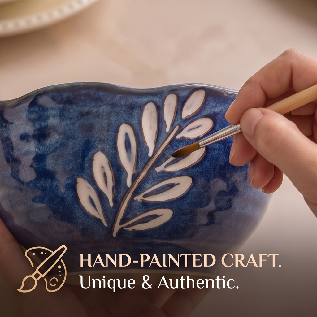 Blue leaf ceramic bowl photographed in an open gift box