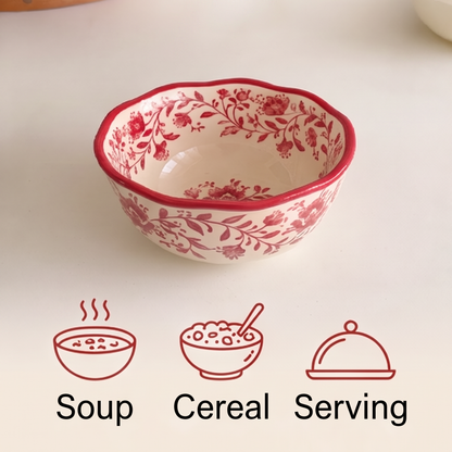 Red floral ceramic bowl with soup, cereal and serving use icons