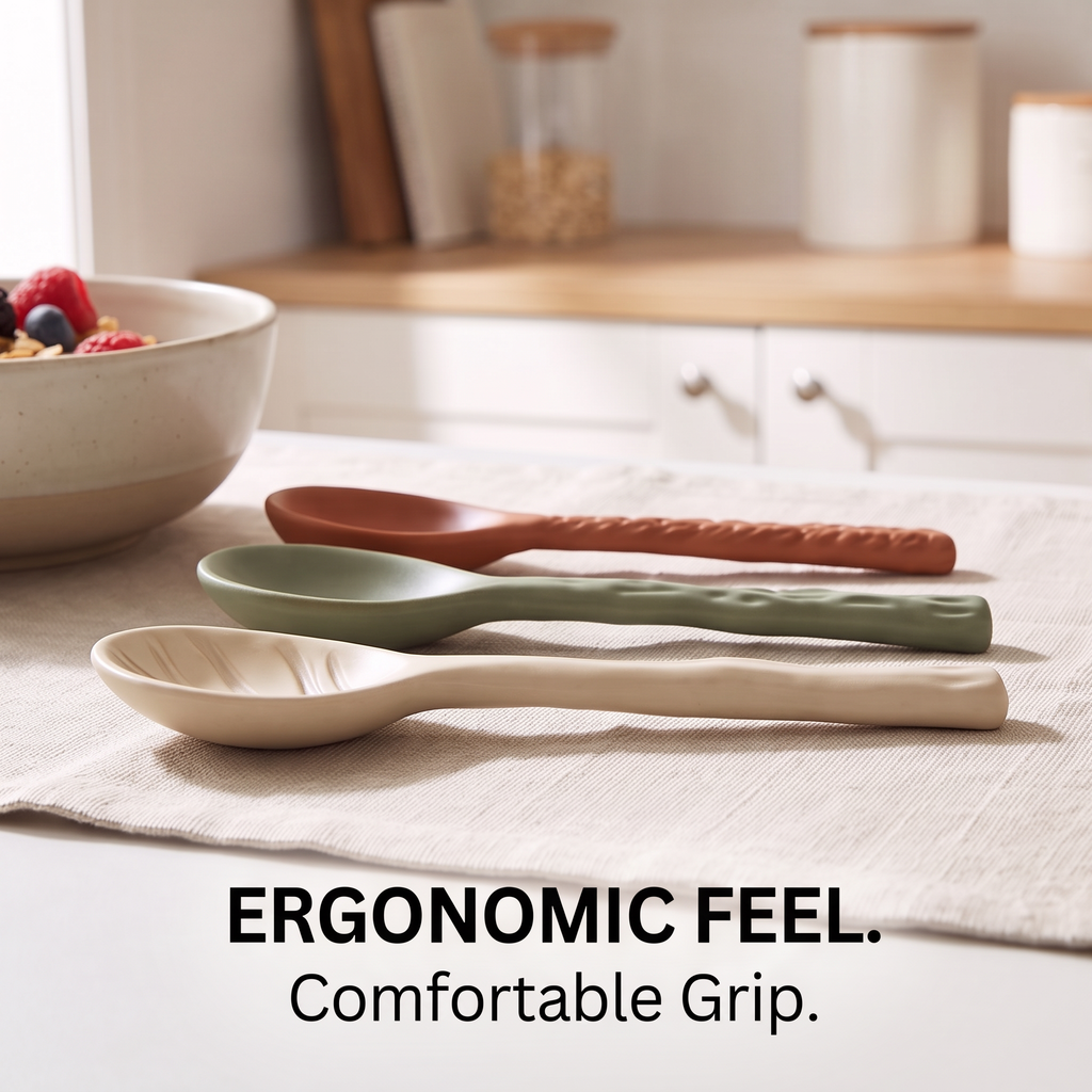 Ceramic spoons in several earth-toned designs beside berries and granola