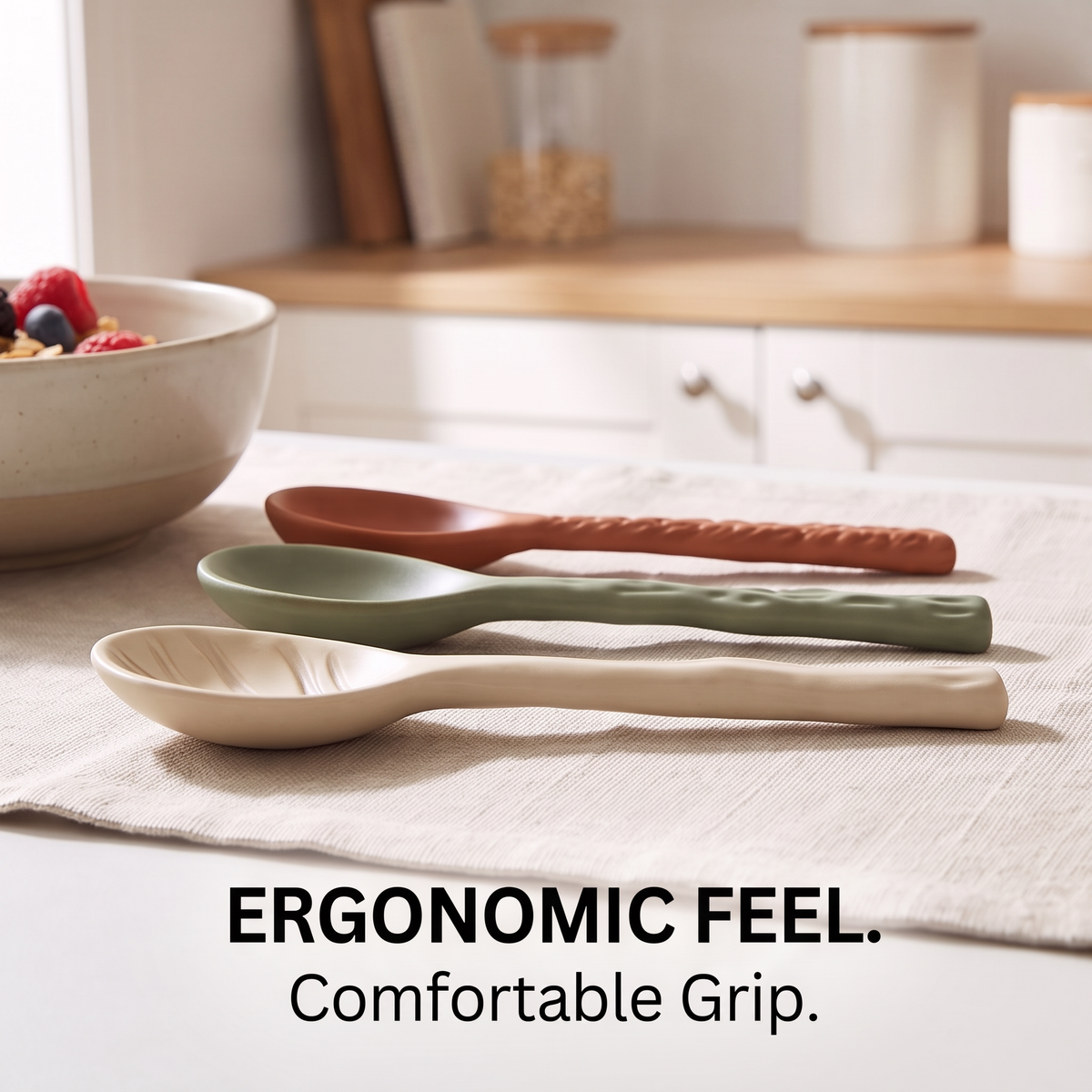 Ceramic spoons in several earth-toned designs beside berries and granola