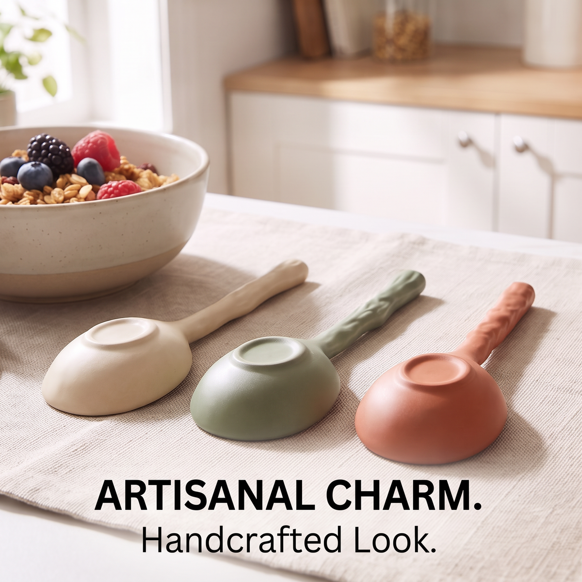 Four SERVICE ceramic spoon designs in cream, sage, beige and terracotta shown on a white background