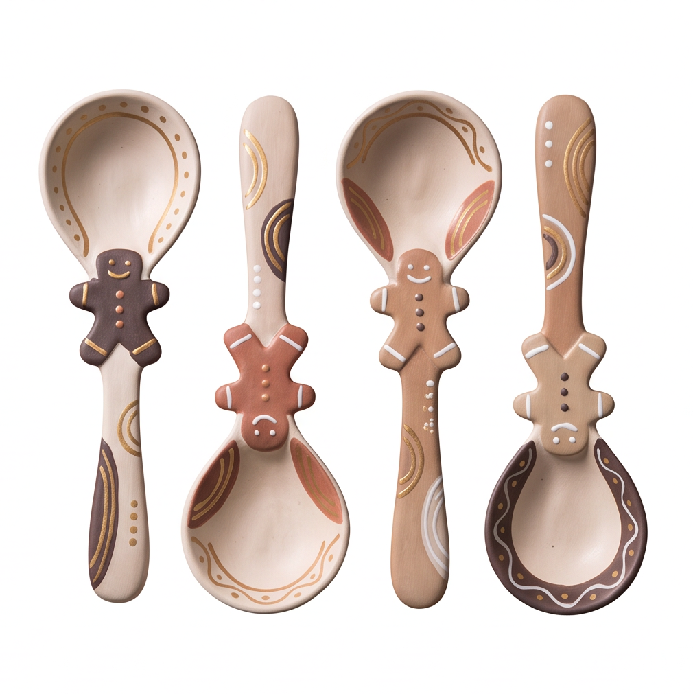 Four gingerbread-detail ceramic spoon designs in cream, pink, brown and beige on a white background