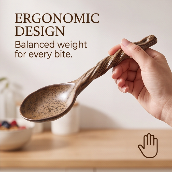 Brown speckled ceramic spoon lifting cereal and berries from a bowl