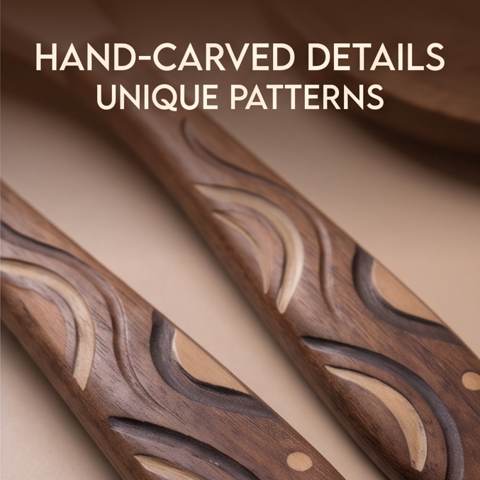 Two patterned serving spoons beside bowls with hand wash recommended text