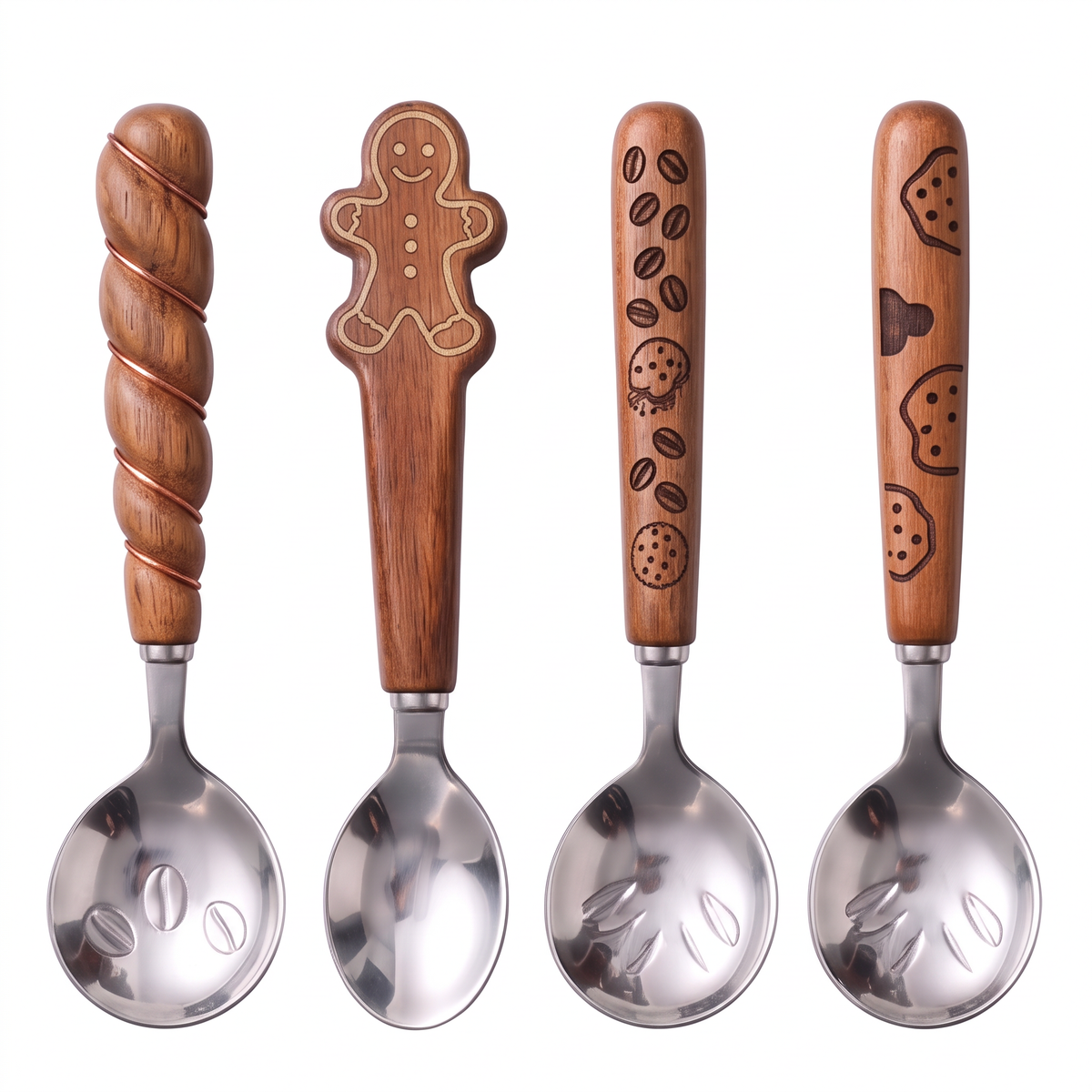 Close-up of polished stainless steel spoon bowls with embossed coffee bean shapes