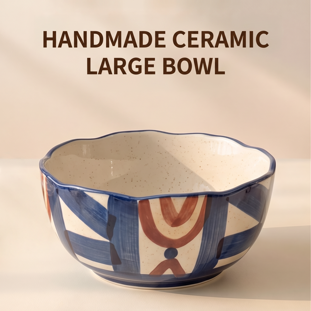 Top view of cream speckled interior and scalloped blue rim on large stoneware bowl
