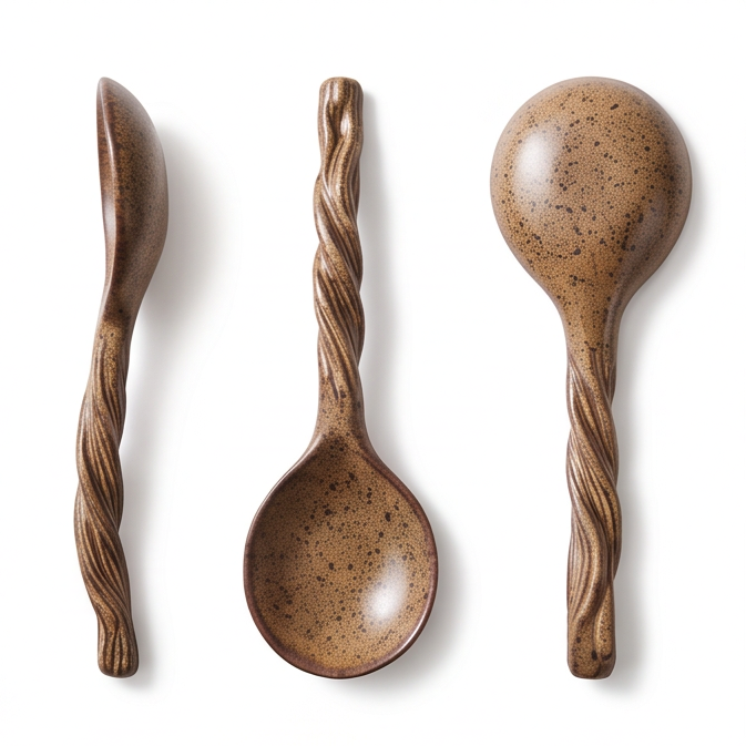 Brown ceramic spoon on a clay-themed background with natural ceramic clay text