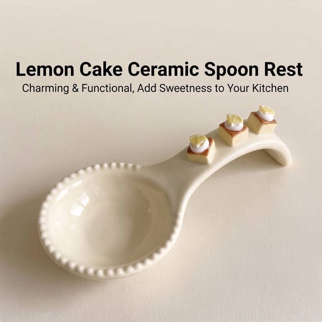 SERVICE cream ceramic lemon cake spoon rest on dining table with beaded bowl and three miniature cakes