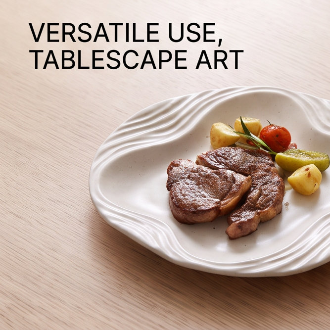 Ivory porcelain plate with an organic wave rim styled with a plated entrée at a dining table
