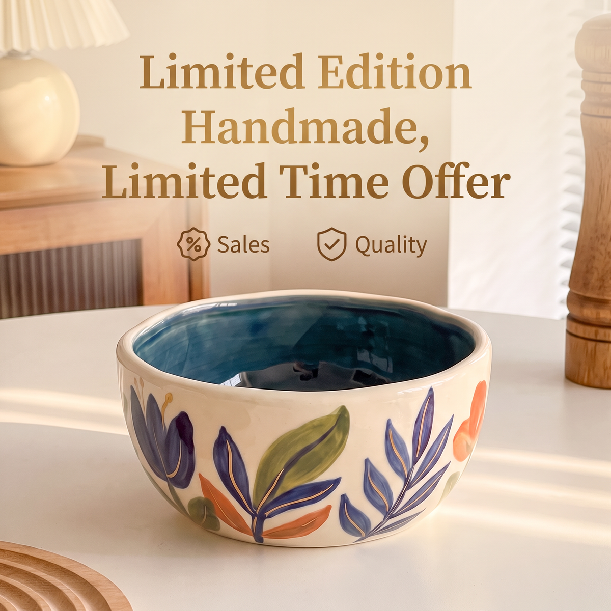 SERVICE botanical ceramic bowl with colorful hand-painted leaves and glossy indigo interior on wooden table