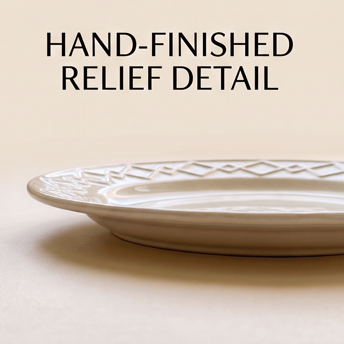 Side view of the cream plate’s raised hand-finished geometric rim