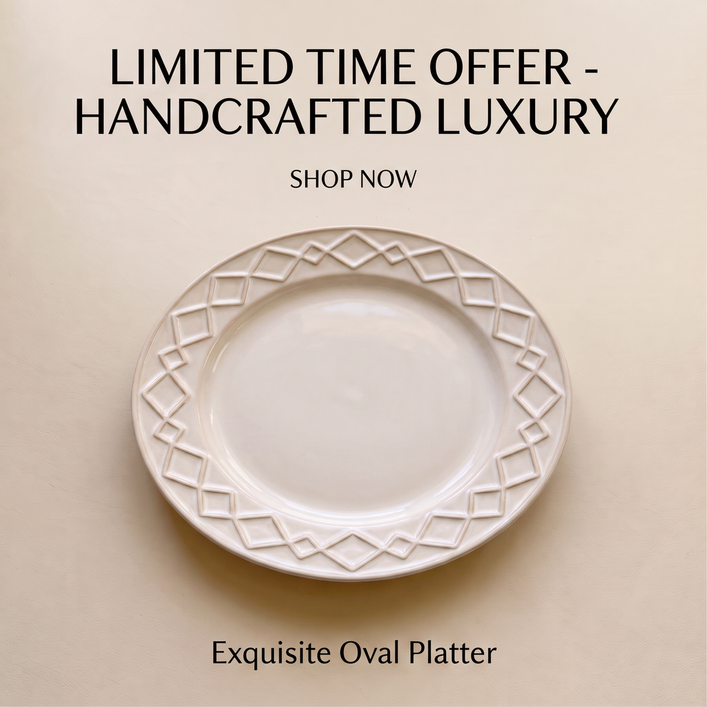 Cream geometric relief plate shown on a neutral background with product feature text