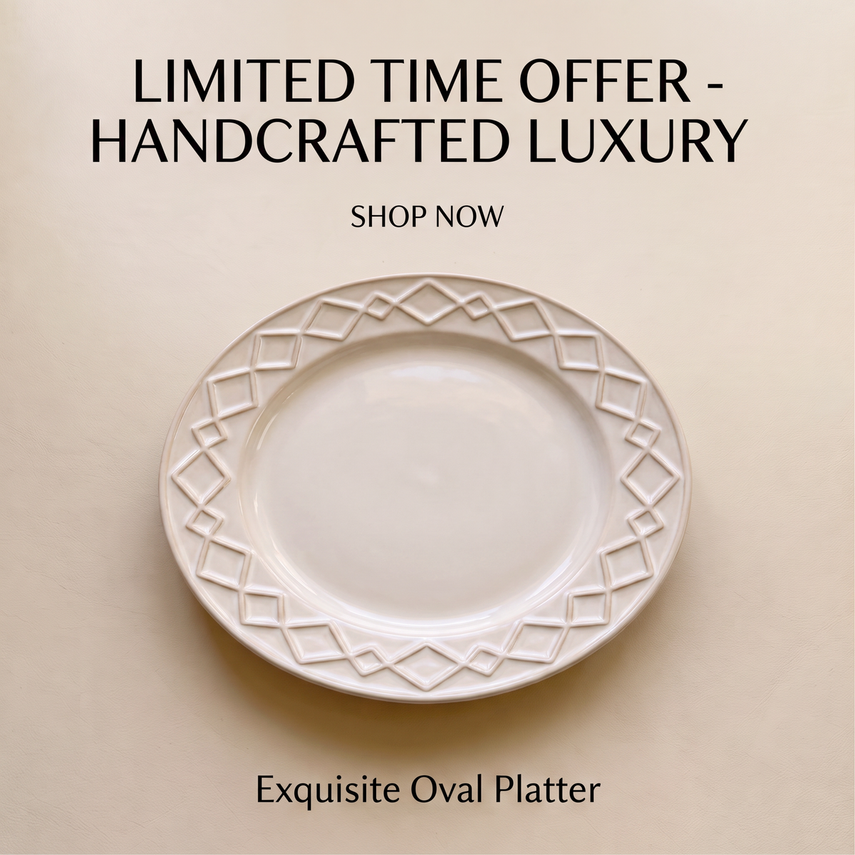 Cream geometric relief plate shown on a neutral background with product feature text