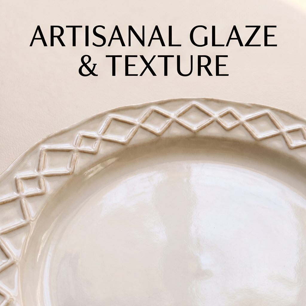 Close-up of the plate’s artisanal glaze and raised geometric texture