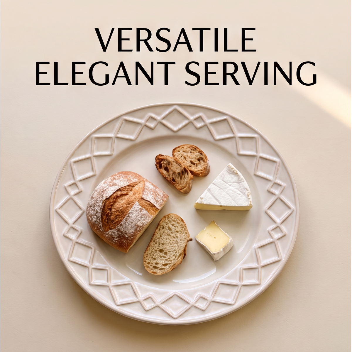 Cream plate with a geometric relief rim serving bread and cheese on a warm-toned table