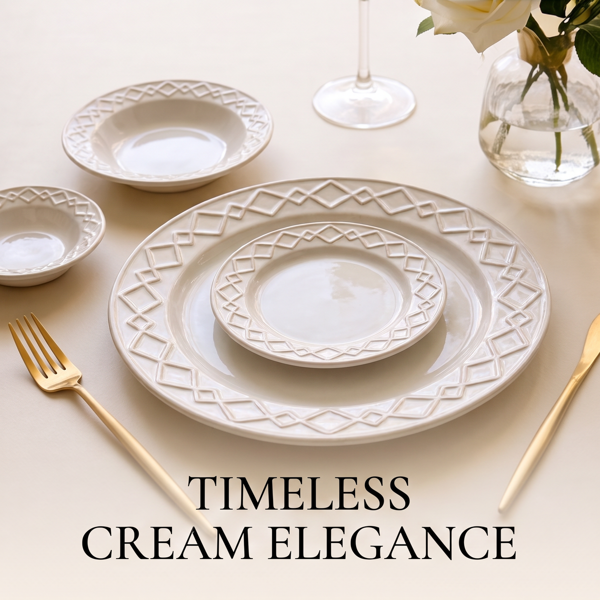 Coordinating cream-toned plates styled together on a dining table with gold-toned cutlery