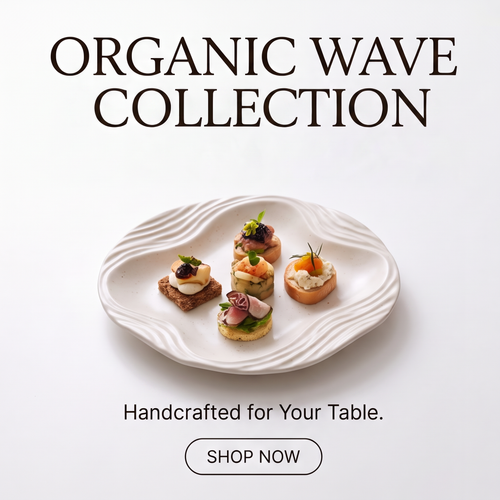 Small appetizers arranged on the ivory organic wave plate as a tablescape piece