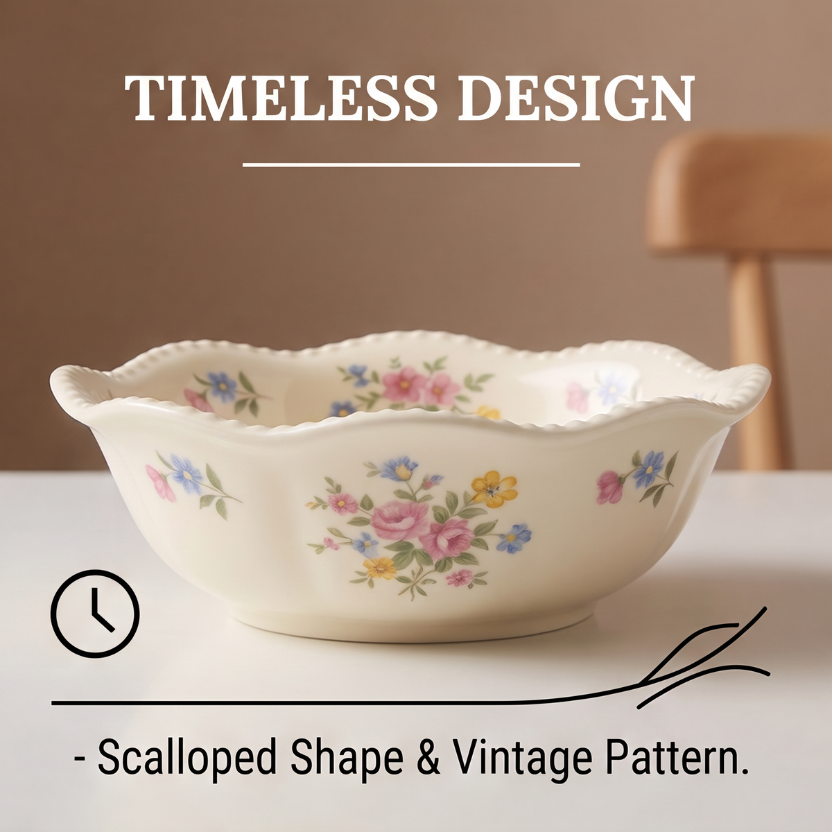 SERVICE ivory porcelain bowl with pastel floral pattern and scalloped pearl edge on white background