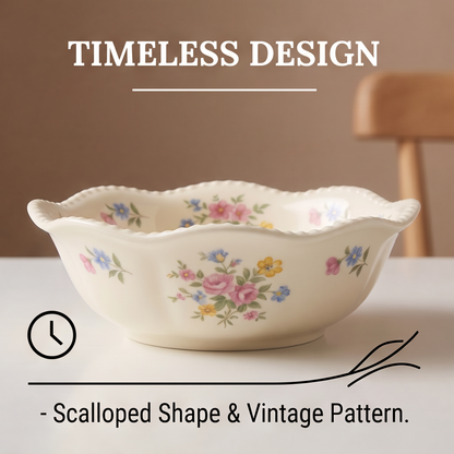 SERVICE ivory porcelain bowl with pastel floral pattern and scalloped pearl edge on white background