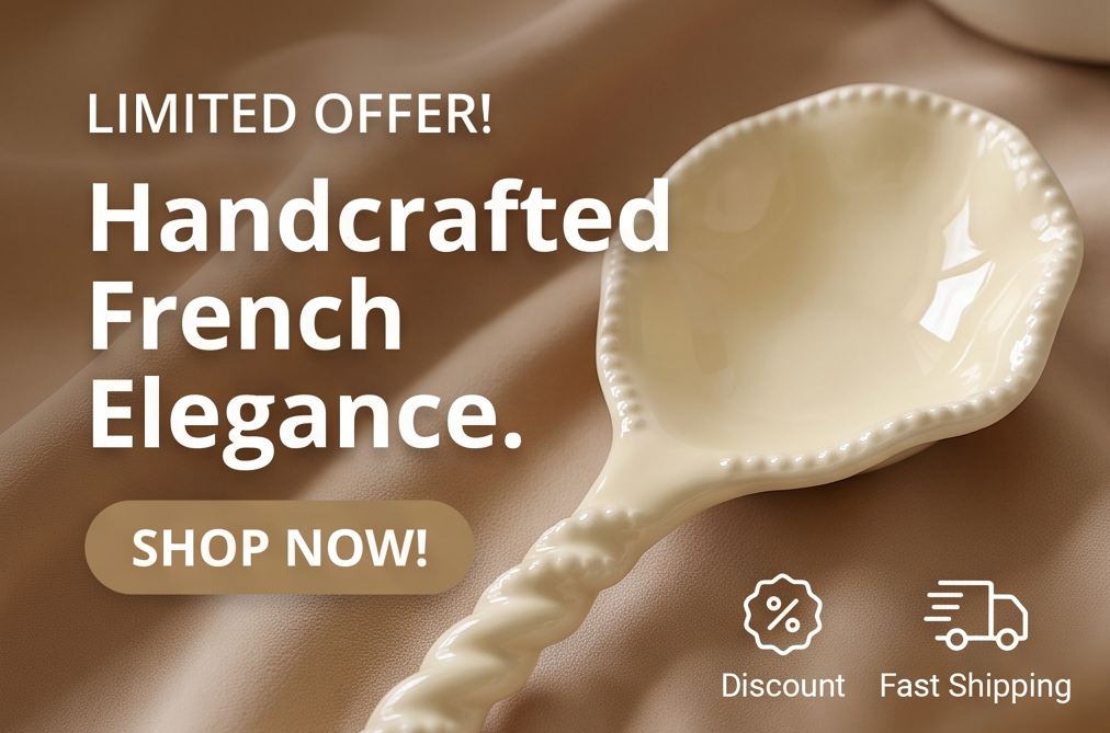 SERVICE cream ceramic dessert spoon with twisted handle and beaded scalloped scoop holding a small dessert