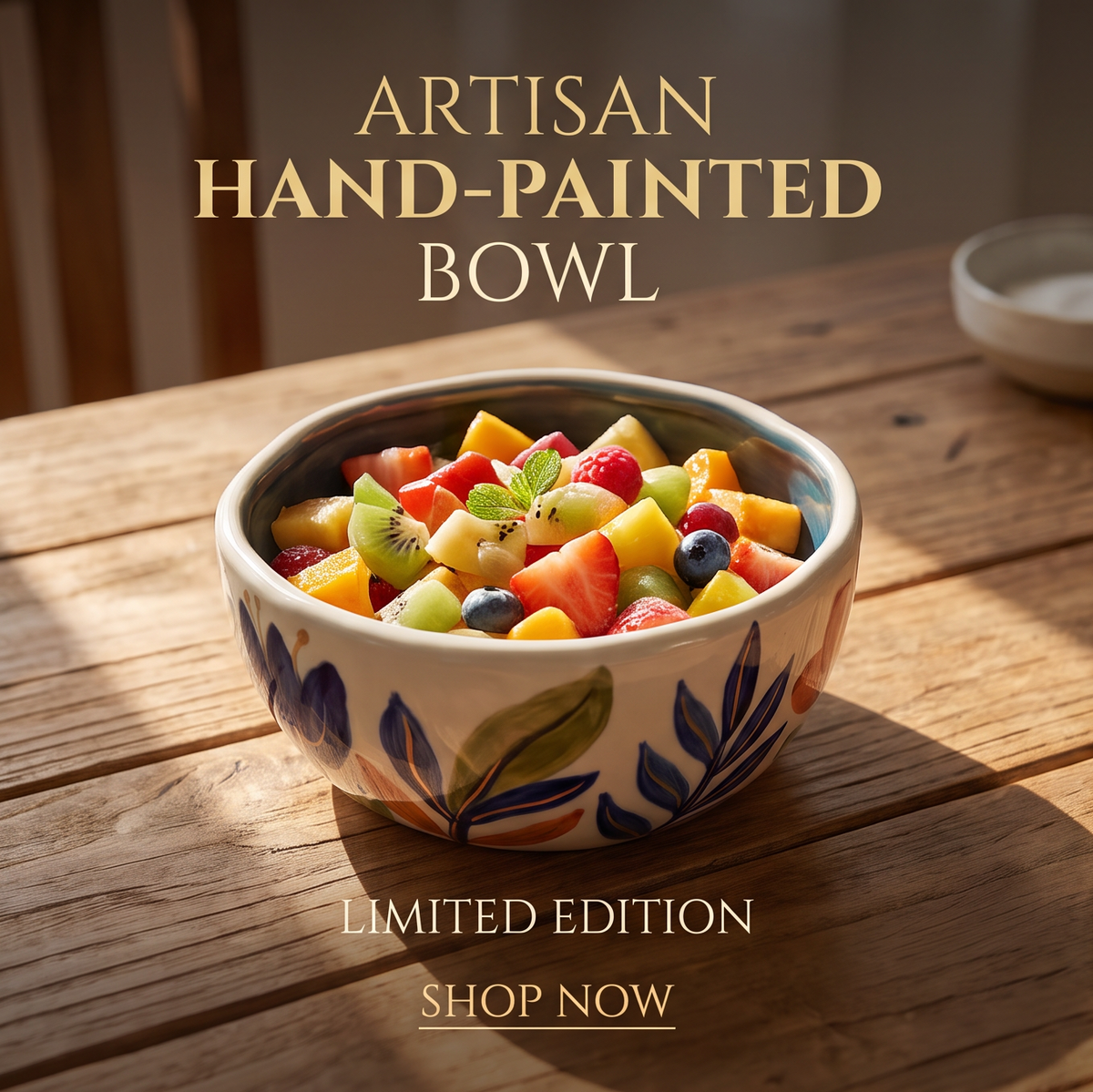 Top view of glossy indigo interior of botanical ceramic bowl held in one hand