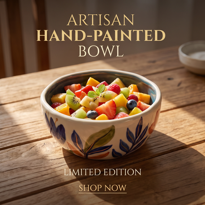 Top view of glossy indigo interior of botanical ceramic bowl held in one hand