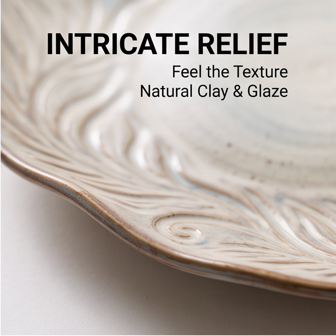 Ceramic plate information showing approximately 25 cm diameter and dishwasher- and microwave-safe icons