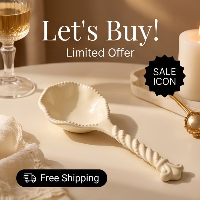 Cream ceramic spoon on a table with limited-offer and free-shipping text overlay